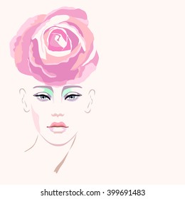 Abstract watercolor portrait of a model (girl), hat-shaped pink roses, beauty logo, fashion