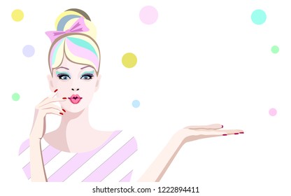 Abstract watercolor portrait surprised girl model, fashion art, beauty. Color vector prints, Makeup, colorful hairstyle, showing empty copy space background for text, women shop, sale