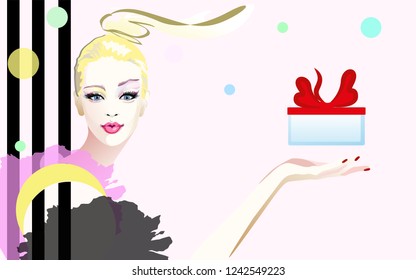 Abstract watercolor portrait surprised girl , fashion art, beauty. Color vector prints, Makeup, colorful hairstyle, empty copy space background for text, women shop, sale