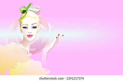 Abstract watercolor portrait surprised girl model, fashion art, beauty. Color vector prints, Makeup, showing empty copy space background for text, women shop, sale