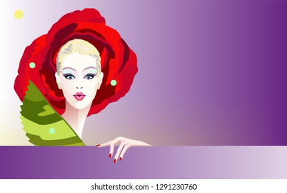 Abstract watercolor portrait surprised girl , fashion art, beauty, red hat. Color vector prints, empty copy space background for text, women shop, sale