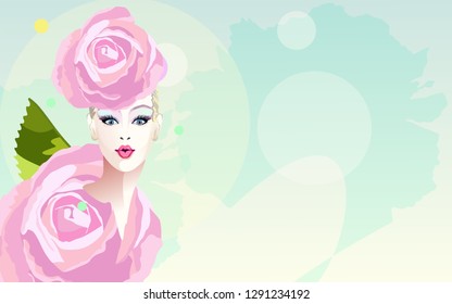 Abstract watercolor portrait surprised girl , fashion art, beauty, pink hat. Color vector prints, empty copy space background for text, women shop, sale