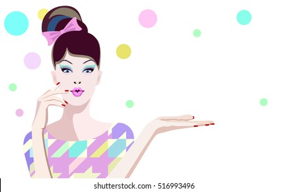 Abstract watercolor portrait surprised girl model, fashion art, beauty. Color vector prints, Makeup, showing empty copy space background for text (gift), women shop, sale. Gestures for advertisement.