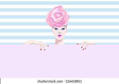 Abstract watercolor portrait surprised girl model, hat pink rose, fashion art, beauty. Color vector prints, Makeup, showing empty copy space background for text, women shop, sale.