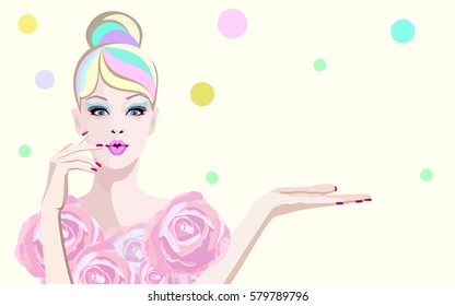 Abstract watercolor portrait surprised girl model, dress pink rose, fashion art, beauty. Color vector prints, Makeup, colorful hairstyle, showing empty copy space background for text, women shop, sale