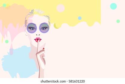 Abstract watercolor portrait surprised girl model in sunglasses, fashion art, beauty. Color vector prints, design Makeup, colorful background for text, women and hand with red manicure, ruby lips