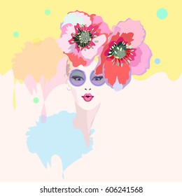 Abstract watercolor portrait surprised  girl model, floral hat pink red , sunglasses, fashion art, beauty. Color vector prints, Makeup, women shop, summer  sale.