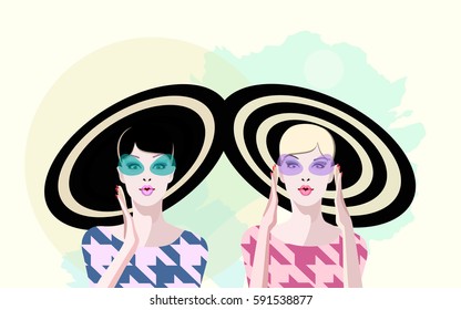 Abstract watercolor portrait surprised two girl model, hat, sunglasses, fashion art, beauty. Color vector prints, Makeup, empty copy space background for text, women shop, sale.