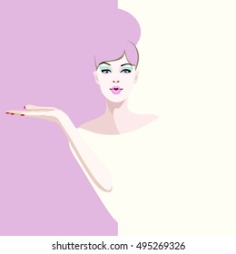 Abstract watercolor portrait woman model, fashion art, beauty. Color vector prints, Makeup, showing empty copy space background for text, special offer, Proposing  product. Gestures for advertisement.