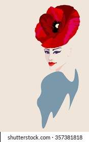 Abstract watercolor portrait of women in hat form of a red poppy, beauty fashion  logo, makeup , beautiful face,  Color vector prints