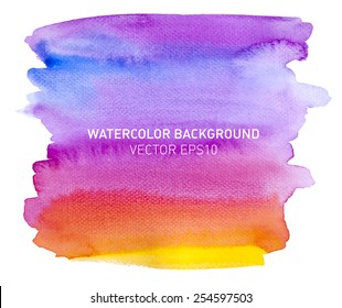 Abstract watercolor rainbow gradient background. Sky with yellow and orange sunset. Hand drawn painting on texture paper. Vector illustration.