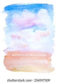 Abstract watercolor rainbow gradient background. Sky with pink clouds. Hand drawn painting on texture paper. Vector illustration.