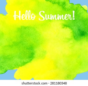 Abstract watercolor rainbow gradient background. Yellow and green blot with text. Hand drawn painting on texture paper. Vector illustration.