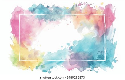 abstract watercolor rainbow rectangle frame, background with splashes	
