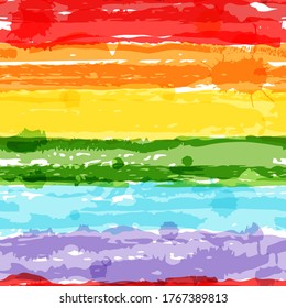 Abstract watercolor rainbow stripes vector seamless pattern. Fashion textile print in bright line strokes. Art ink grunge texture background. Trendy fabric design, wallpaper decoration, wrapping paper