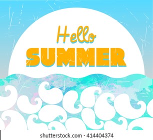 Abstract watercolor retro background. Ornament with swirls. Hello Summer card. Hello summer poster. Summer design. Marine background. Summer travel. Summer poster. Marine poster. Vector illustration