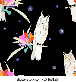 Abstract watercolor romantic bird owl, tropical floral background ( color pink green blue yellow lilac red white black ), vector fashion print design, trendy fabric texture, seamless pattern