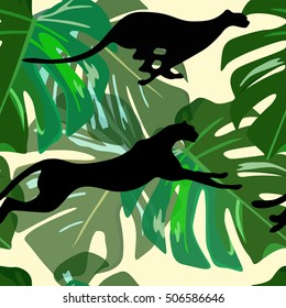 Abstract watercolor running two black panthers, tropical background of green and yellow leaves, animal seamless pattern with fashion print, summer color vector stylish texture