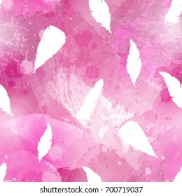 Abstract watercolor seamless pattern with birds feathers. Acrylic or watercolour brush strokes, blots and drops. Perfect for textile, flyers, business cards background