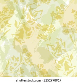 Abstract watercolor seamless pattern in green colors. Hand drawn flowers silhouettes grunge textures, brush strokes background. Vector art illustration for wallpaper, textile, fabric, spring design