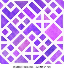 Abstract watercolor seamless pattern. Modern background with color paint texture and geometric ornament of pink and purple squares and triangles, vector illustration