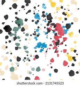 Abstract watercolor seamless pattern. Splash and splatter texture. Black, red, blue, yellow color hand painted vector illustration.