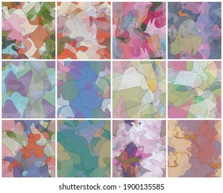 Abstract watercolor seamless vector pattern set. Random transparent wavy shapes create artistic pain texture. Pastel colored background with organic natural earthy colors. Universal wallpaper art kit.