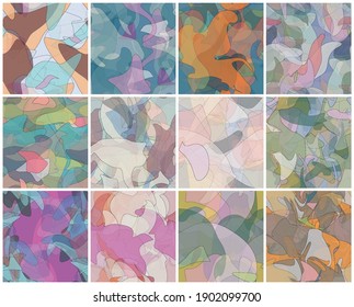 Abstract watercolor seamless vector pattern set. Random transparent wavy shapes create artistic pain texture. Pastel colored background with organic natural earthy colors. Universal wallpaper art kit.