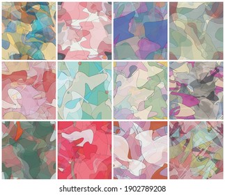 Abstract watercolor seamless vector pattern set. Random transparent wavy shapes create artistic pain texture. Pastel colored background with organic natural earthy colors. Universal wallpaper art kit.