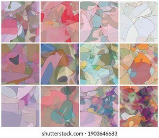 Abstract watercolor seamless vector pattern set. Random transparent wavy shapes create artistic pain texture. Pastel colored background with organic natural earthy colors. Universal wallpaper art kit.