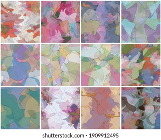 Resumen de la acuarela conjunto de patrones vectoriales sin costura. Las formas onduladas transparentes aleatorias crean textura de dolor artístico. Fondo color pastel con colores orgánicos naturales de tierra. Kit de arte de papel pintado universal.