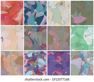 Abstract watercolor seamless vector pattern set. Random transparent wavy shapes create artistic texture. Pastel colored background with organic natural earthy colors. Universal wallpaper art kit.