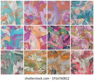 Abstract watercolor seamless vector pattern set. Random transparent wavy shapes create artistic pain texture. Pastel colored background with organic natural earthy colors. Universal wallpaper art kit.