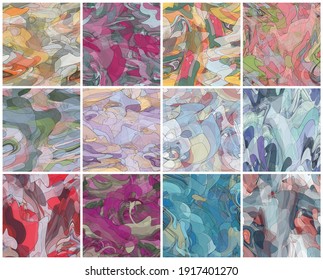 Abstract watercolor seamless vector pattern set. Random transparent wavy shapes create artistic pain texture. Pastel colored background with organic natural earthy colors. Universal wallpaper art kit.