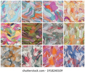 Abstract watercolor seamless vector pattern set. Random transparent wavy shapes create artistic pain texture. Pastel colored background with organic natural earthy colors. Universal wallpaper art kit.