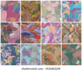 Abstract watercolor seamless vector pattern set. Random transparent wavy shapes create artistic pain texture. Pastel colored background with organic natural earthy colors. Universal wallpaper art kit.