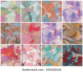 Abstract watercolor seamless vector pattern set. Random transparent wavy shapes create artistic pain texture. Pastel colored background with organic natural earthy colors. Universal wallpaper art kit.
