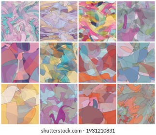 Resumen de la acuarela conjunto de patrones vectoriales sin costura. Las formas onduladas transparentes aleatorias crean textura de dolor artístico. Fondo color pastel con colores orgánicos naturales de tierra. Kit de arte de papel pintado universal.