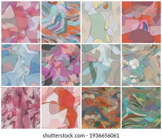 Abstract watercolor seamless vector pattern set. Random transparent wavy shapes create artistic pain texture. Pastel colored background with organic natural earthy colors. Universal wallpaper art kit.