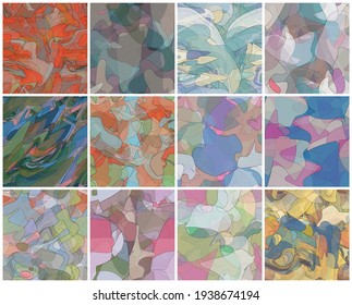 Abstract watercolor seamless vector pattern set. Random transparent wavy shapes create artistic pain texture. Pastel colored background with organic natural earthy colors. Universal wallpaper art kit.