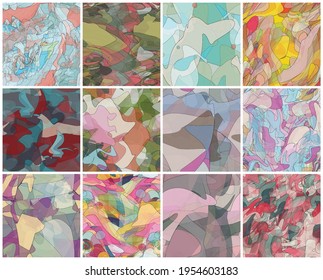 Abstract watercolor seamless vector pattern set. Random transparent wavy shapes create artistic pain texture. Pastel colored background with organic natural earthy colors. Universal wallpaper art kit.
