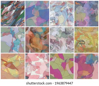 Abstract watercolor seamless vector pattern set. Random transparent wavy shapes create artistic pain texture. Pastel colored background with organic natural earthy colors. Universal wallpaper art kit.