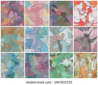 Resumen de la acuarela conjunto de patrones vectoriales sin costura. Las formas onduladas transparentes aleatorias crean textura de dolor artístico. Fondo color pastel con colores orgánicos naturales de tierra. Kit de arte de papel pintado universal.