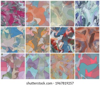 Abstract watercolor seamless vector pattern set. Random transparent wavy shapes create artistic pain texture. Pastel colored background with organic natural earthy colors. Universal wallpaper art kit.