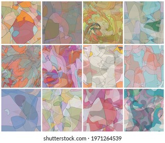 Abstract watercolor seamless vector pattern set. Random transparent wavy shapes create artistic pain texture. Pastel colored background with organic natural earthy colors. Universal wallpaper art kit.
