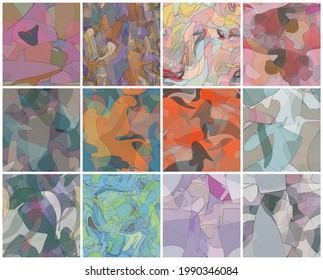 Abstract watercolor seamless vector pattern set. Random transparent wavy shapes create artistic pain texture. Pastel colored background with organic natural earthy colors. Universal wallpaper art kit.