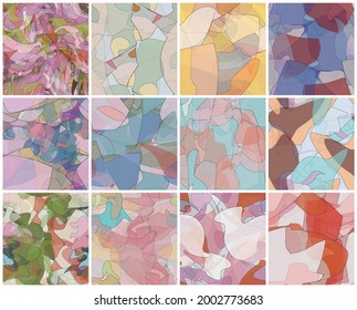 Abstract watercolor seamless vector pattern set. Random transparent wavy shapes create artistic pain texture. Pastel colored background with organic natural earthy colors. Universal wallpaper art kit.