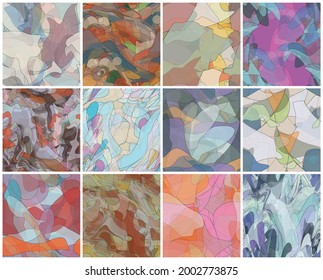 Abstract watercolor seamless vector pattern set. Random transparent wavy shapes create artistic pain texture. Pastel colored background with organic natural earthy colors. Universal wallpaper art kit.