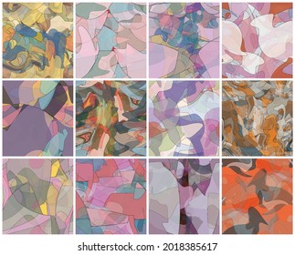 Abstract watercolor seamless vector pattern set. Random transparent wavy shapes create artistic pain texture. Pastel colored background with organic natural earthy colors. Universal wallpaper art kit.