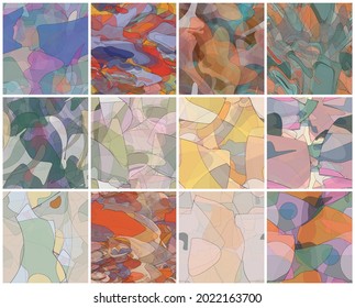 Abstract watercolor seamless vector pattern set. Random transparent wavy shapes create artistic pain texture. Pastel colored background with organic natural earthy colors. Universal wallpaper art kit.